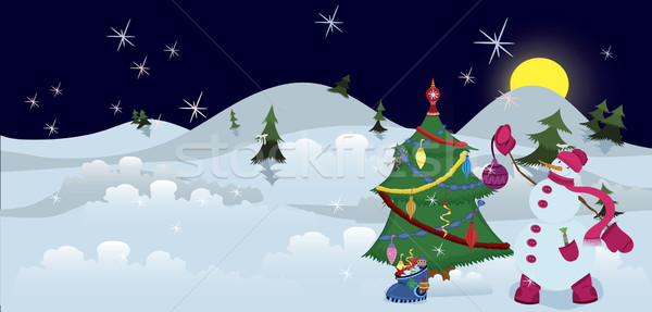 Stock fotó: Hóember · karácsonyfa · szalag · éjszaka · háttér · tél
