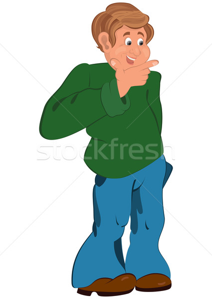 Happy cartoon man standing in green sweater with hand on chin Stock photo © Zebra-Finch