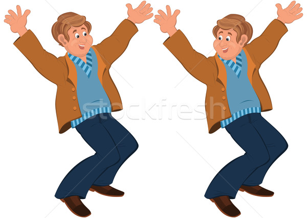 Happy cartoon man standing in brown jacket holding hands up Stock photo © Zebra-Finch