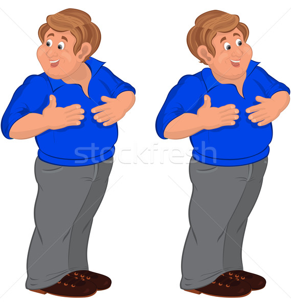 Happy cartoon man walking in blue polo shirt touching stomach Stock photo © Zebra-Finch