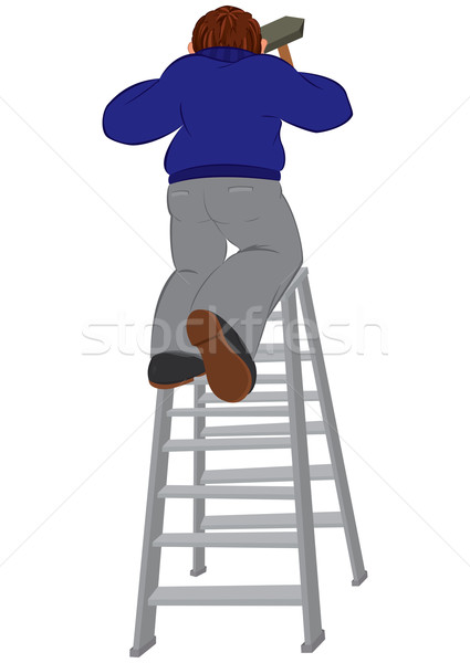Cartoon man in blue sweater with hummer on the ladder Stock photo © Zebra-Finch