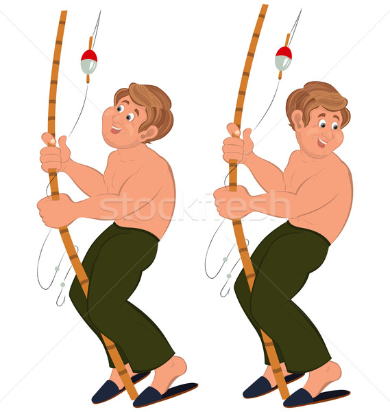 Happy cartoon man standing in green pants topless with fishing r Stock photo © Zebra-Finch