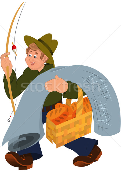 [[stock_photo]]: Heureux · cartoon · homme · marche · canne · à · pêche · illustration