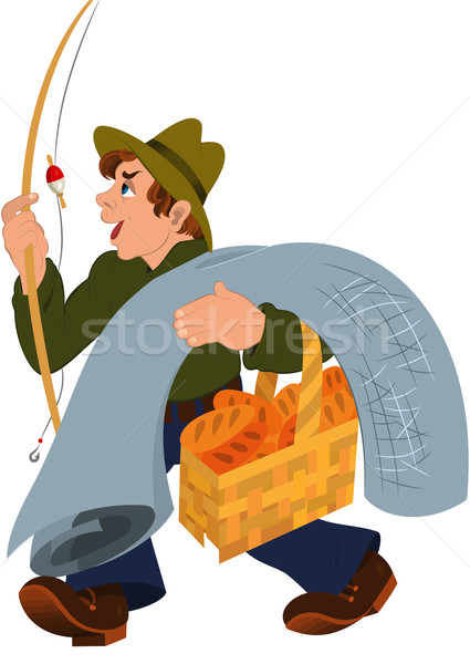 Cute Cartoon Girl Fishing with Rod. Vector Isolated Hand Drawn