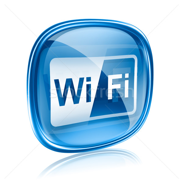 Foto stock: Wi-fi · ícone · azul · vidro · isolado · branco