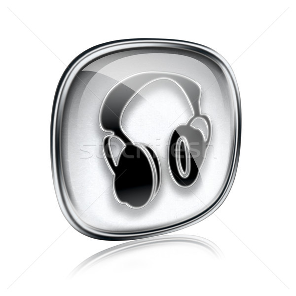 Foto stock: Fones · de · ouvido · ícone · cinza · vidro · isolado · branco