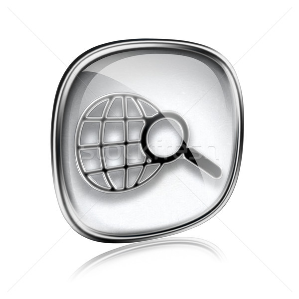 Stock photo: globe and magnifier icon grey glass, isolated on white backgroun