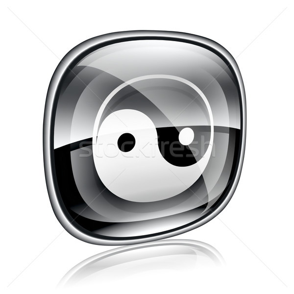 Stock photo: yin yang symbol icon black glass, isolated on white background.