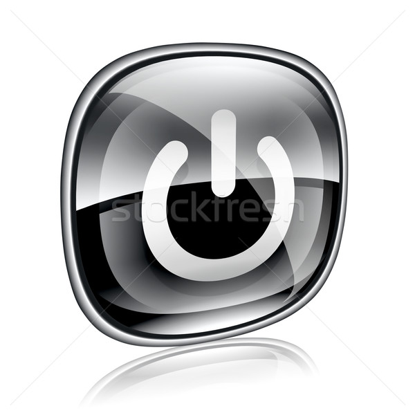 Stock photo: power icon black glass, isolated on white background.