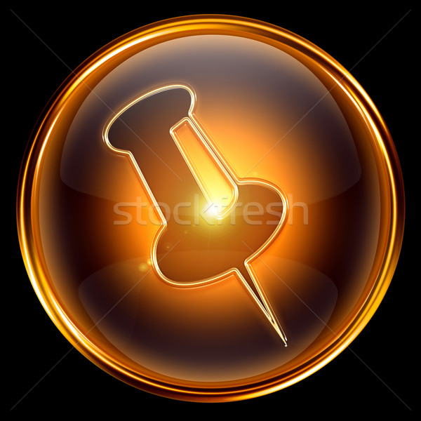 Stock photo:  thumbtack icon golden, isolated on black background.