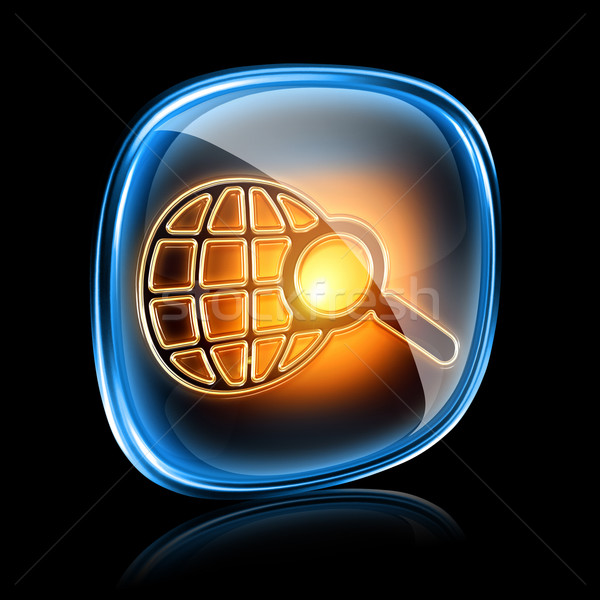 Stock photo: magnifier icon neon, isolated on black background