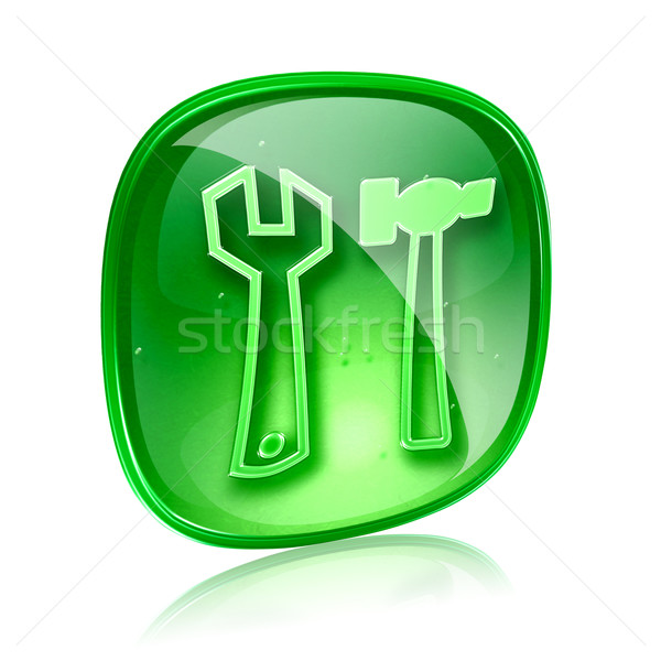 Foto stock: Herramientas · icono · verde · vidrio · aislado · blanco