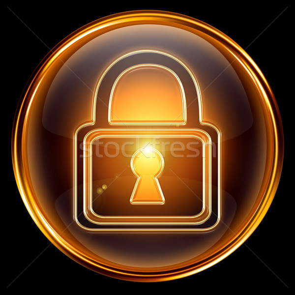 Stock photo: Lock icon gold, isolated on black background