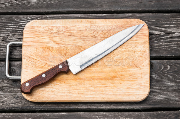 Foto d'archivio: Acciaio · coltello · tagliere · legno · sfondo · cucina