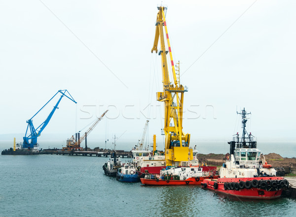 Floating cranes on the construction of the bridge Stock photo © zeffss