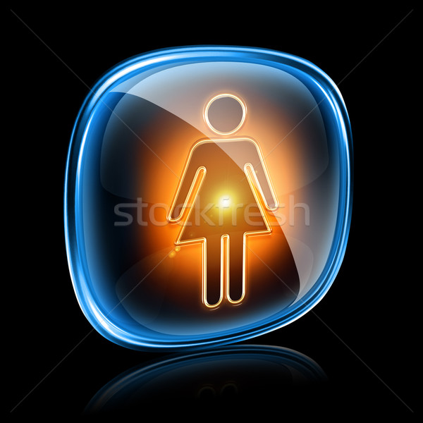 Stock photo: woman icon neon, isolated on black background