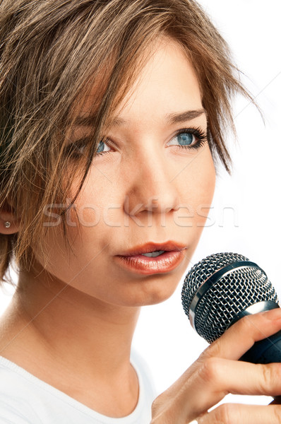 Zdjęcia stock: Dziewczyna · śpiewu · biały · kobieta · muzyki · niebieski