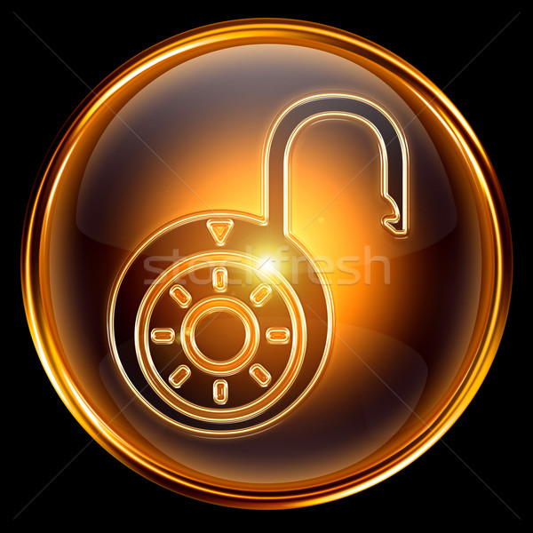 Stock photo: Lock open icon gold, isolated on black background
