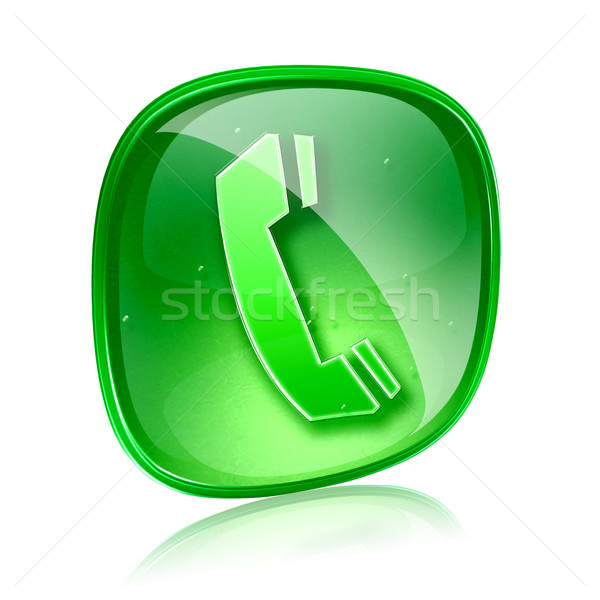 Foto stock: Telefone · ícone · verde · vidro · isolado · branco