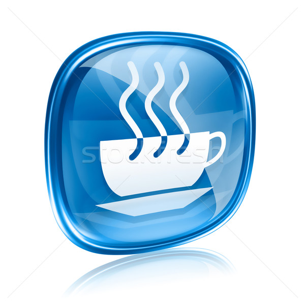 Zdjęcia stock: Filiżankę · kawy · ikona · niebieski · szkła · odizolowany · biały