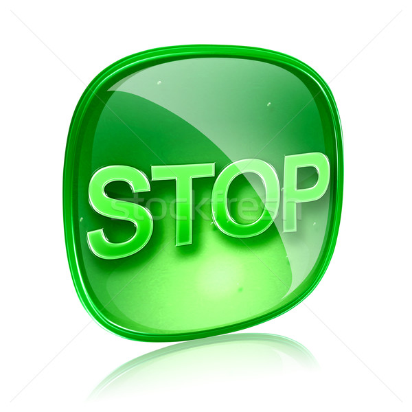 Stop icon green glass, isolated on white background Stock photo © zeffss