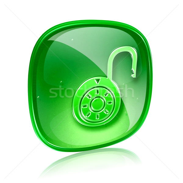 Lock on, icon green glass, isolated on white background. Stock photo © zeffss