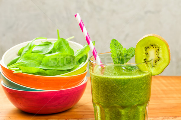 Stockfoto: Kiwi · spinazie · hout · fitness · glas