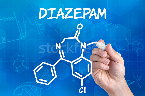 hand with pen drawing the chemical formula of Diazepam Stock photo © Zerbor