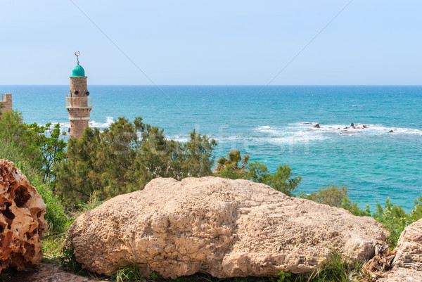 Minaret meczet starych Izrael Błękitne niebo morze Śródziemne Zdjęcia stock © Zhukow