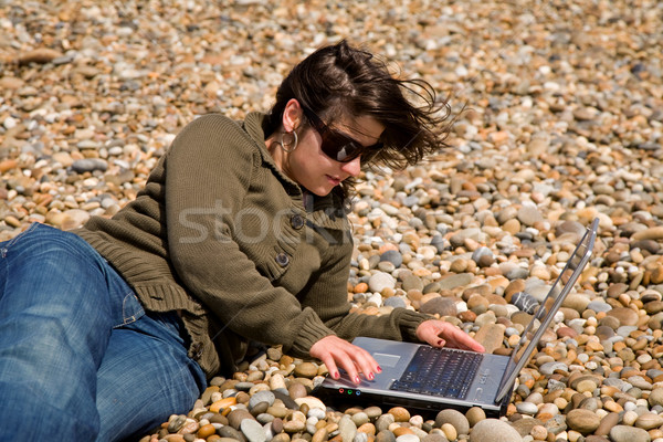 Foto stock: Trabalhando · mulher · jovem · praia · laptop · sensual · trabalhar