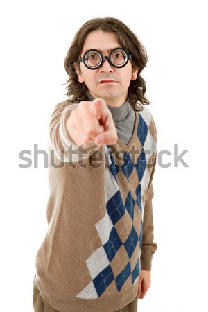 Geek człowiek wskazując odizolowany biały moda Zdjęcia stock © zittto
