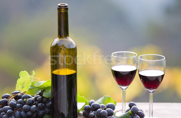 Vino tinto botella de vino uvas mesa de madera aire libre sol Foto stock © zittto