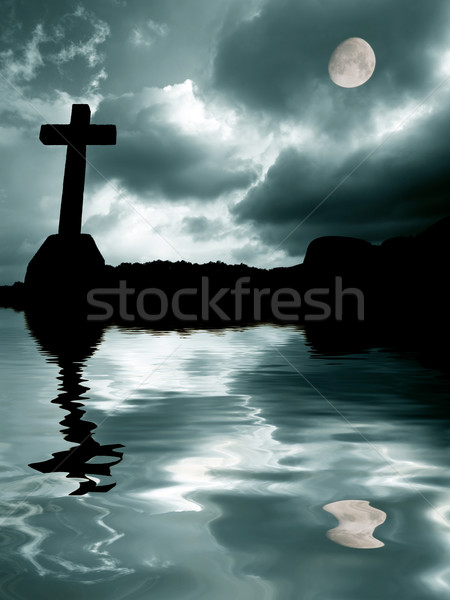 Glauben Kreuz Silhouette Himmel Vollmond Landschaft Stock foto © zittto