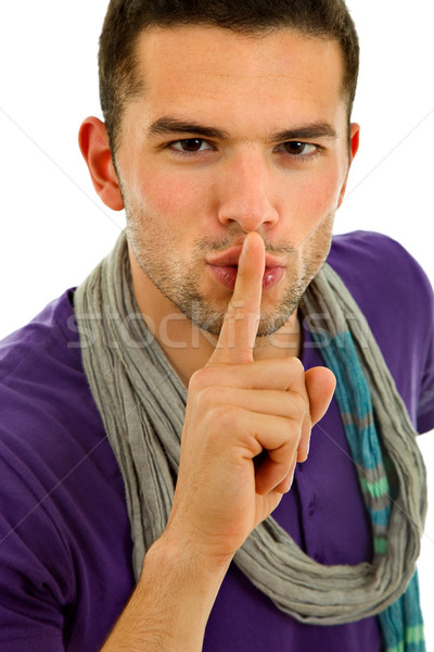 Foto stock: Silencio · joven · gesto · dedo · boca