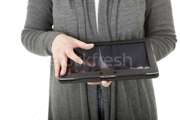 Táblagép nő tart digitális tabletta izolált Stock fotó © zittto
