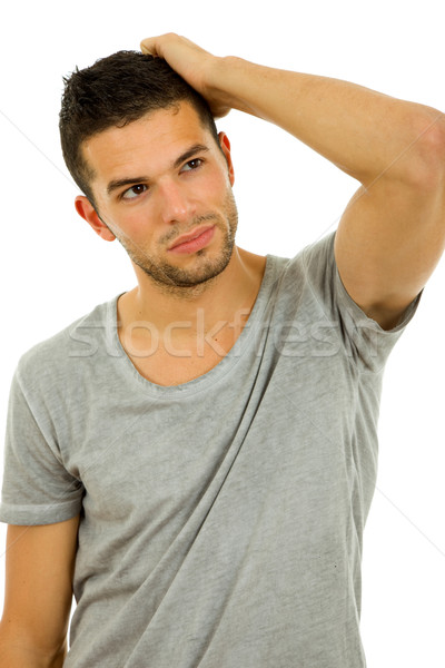 Foto stock: Dor · de · cabeça · jovem · casual · homem · isolado · branco