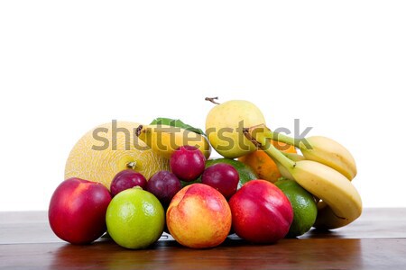 照片: 集 · 水果 · 孤立 · 木桌 · 苹果 · 叶 / set of fruits
