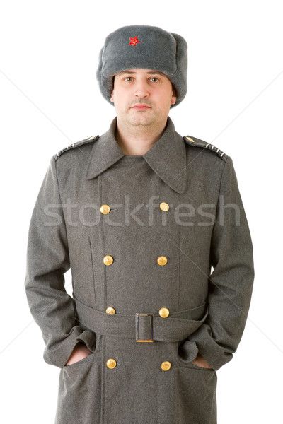 Rosyjski wojskowych młody człowiek czerwony retro hat Zdjęcia stock © zittto