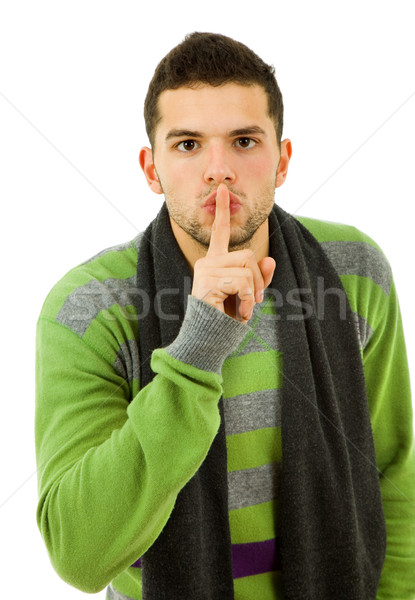 Csend fiatalember mutat kézmozdulat ujj száj Stock fotó © zittto