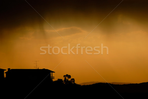 Gün batımı küçük ev kuzey Portekiz ağaç Stok fotoğraf © zittto