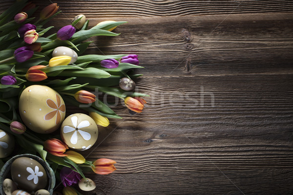 Pasen boeket tulpen paaseieren kleurrijk bokeh Stockfoto © zolnierek