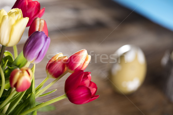 Páscoa buquê tulipas ovos de páscoa colorido bokeh Foto stock © zolnierek