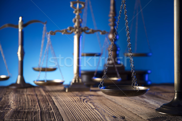 Törvény mérleg igazság öreg fa asztal kék Stock fotó © zolnierek