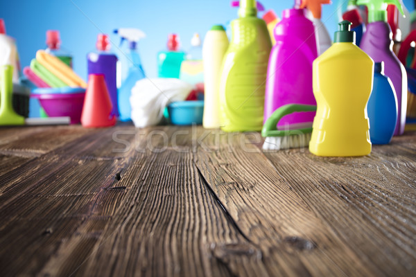 Produits de nettoyage coloré différent table en bois bleu [[stock_photo]] © zolnierek