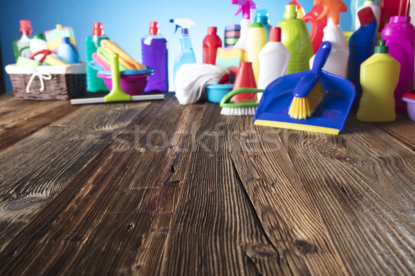 Produits de nettoyage coloré différent table en bois bleu [[stock_photo]] © zolnierek