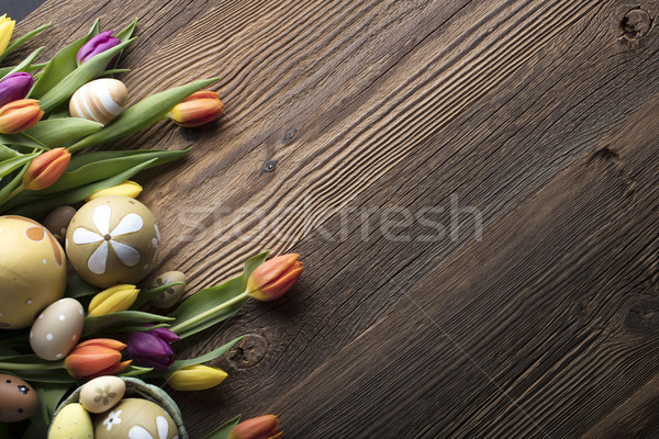 Pasen boeket tulpen paaseieren kleurrijk bokeh Stockfoto © zolnierek