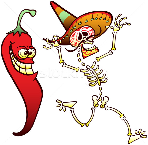 Mischievous Red chili scaring a Mexican skeleton Stock photo © zooco