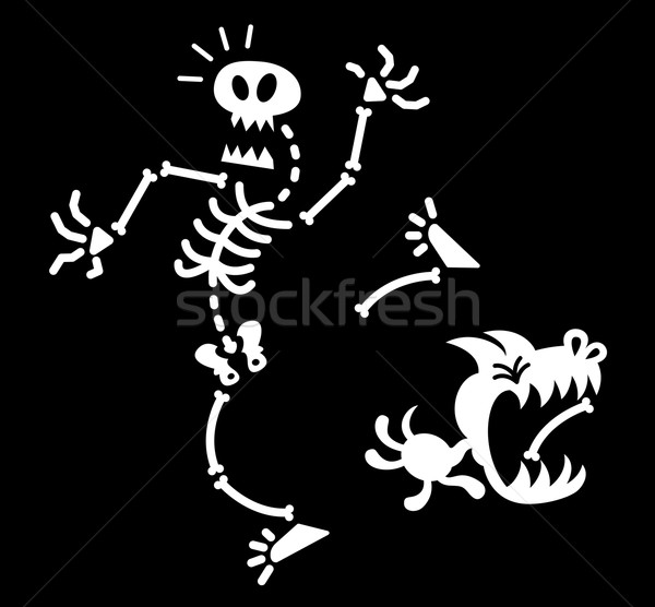 Stock photo: Naughty dog stealing a bone from a Halloween skeleton