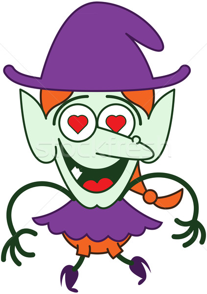 red-haired witch with purple clothes and hat, big nose, pointy