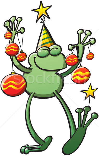 Cool green frog holding Christmas baubles and smiling Stock photo © zooco